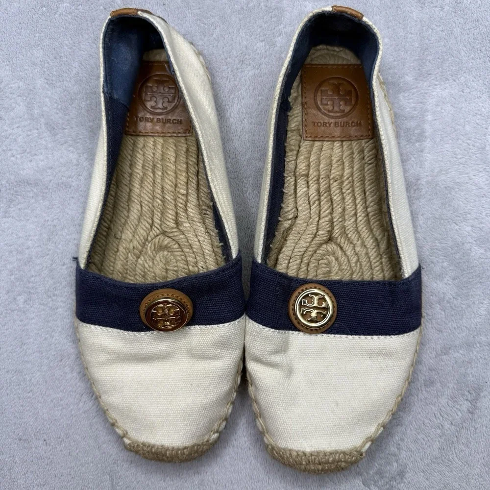 Tory Burch Beacher Espadrille Flats Ivory Navy Gold Logo Women's Size 7M